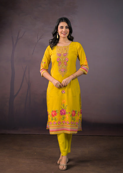 Tamanna – Yellow Chinnon Suit Set with Embroidered Neckline & Floral Dupatta | Lightweight Festive Suit for Women