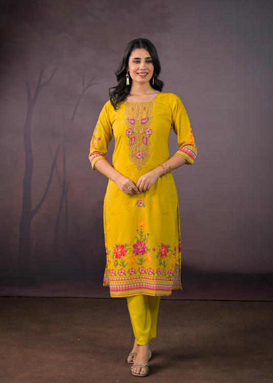 Tamanna – Yellow Chinnon Suit Set with Embroidered Neckline & Floral Dupatta | Lightweight Festive Suit for Women