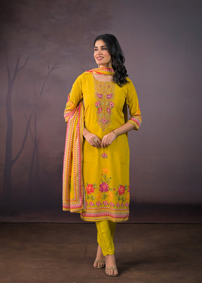 Tamanna – Yellow Chinnon Suit Set with Embroidered Neckline & Floral Dupatta | Lightweight Festive Suit for Women