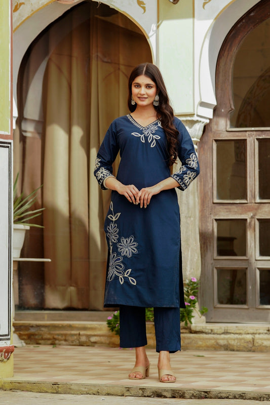 Vaabasta – Blue Pure Cotton Suit Set with All-Over Floral Embroidery & Dupatta | Elegant Embroidered Kurta Set for Women