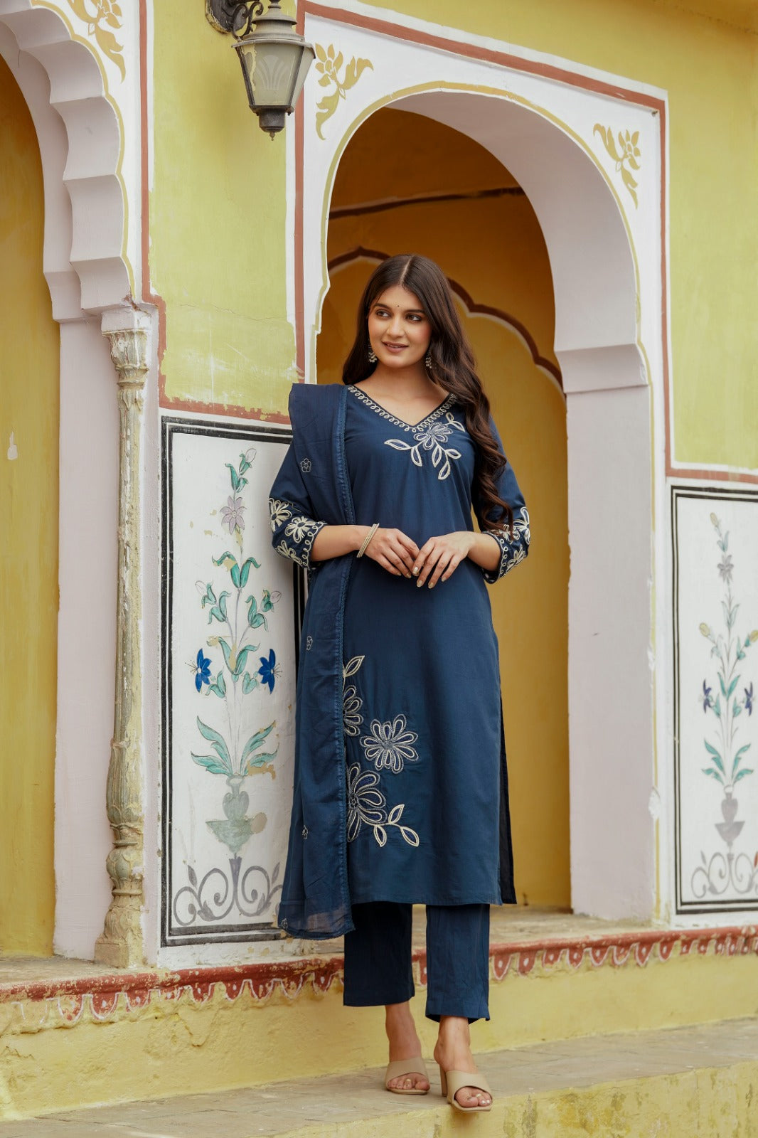 Vaabasta – Blue Pure Cotton Suit Set with All-Over Floral Embroidery & Dupatta | Elegant Embroidered Kurta Set for Women