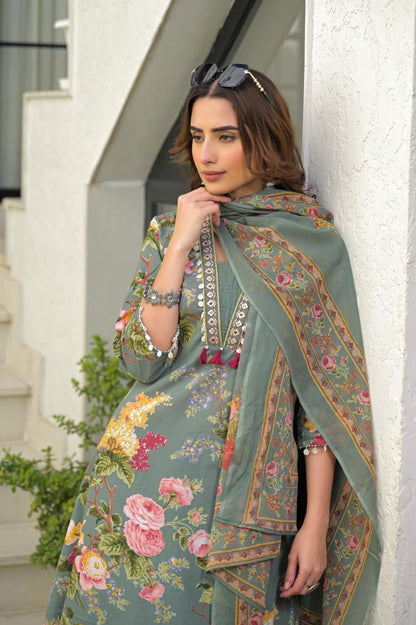 Tavajjoh – Charcoal Grey Floral Print Cotton Kurta Set with Dupatta | A-Line Cotton Suit Set for Women