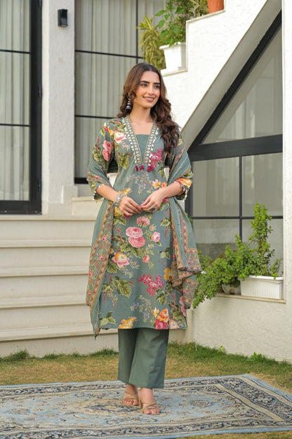 Tavajjoh – Charcoal Grey Floral Print Cotton Kurta Set with Dupatta | A-Line Cotton Suit Set for Women