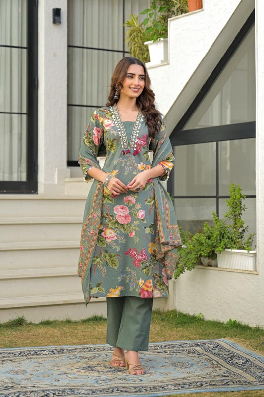 Tavajjoh – Charcoal Grey Floral Print Cotton Kurta Set with Dupatta | A-Line Cotton Suit Set for Women