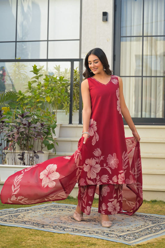Zikr – Red Floral Print Cotton A-Line Kurta Set with Dupatta