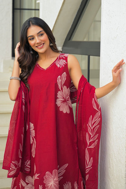 Zikr – Red Floral Print Cotton A-Line Kurta Set with Dupatta