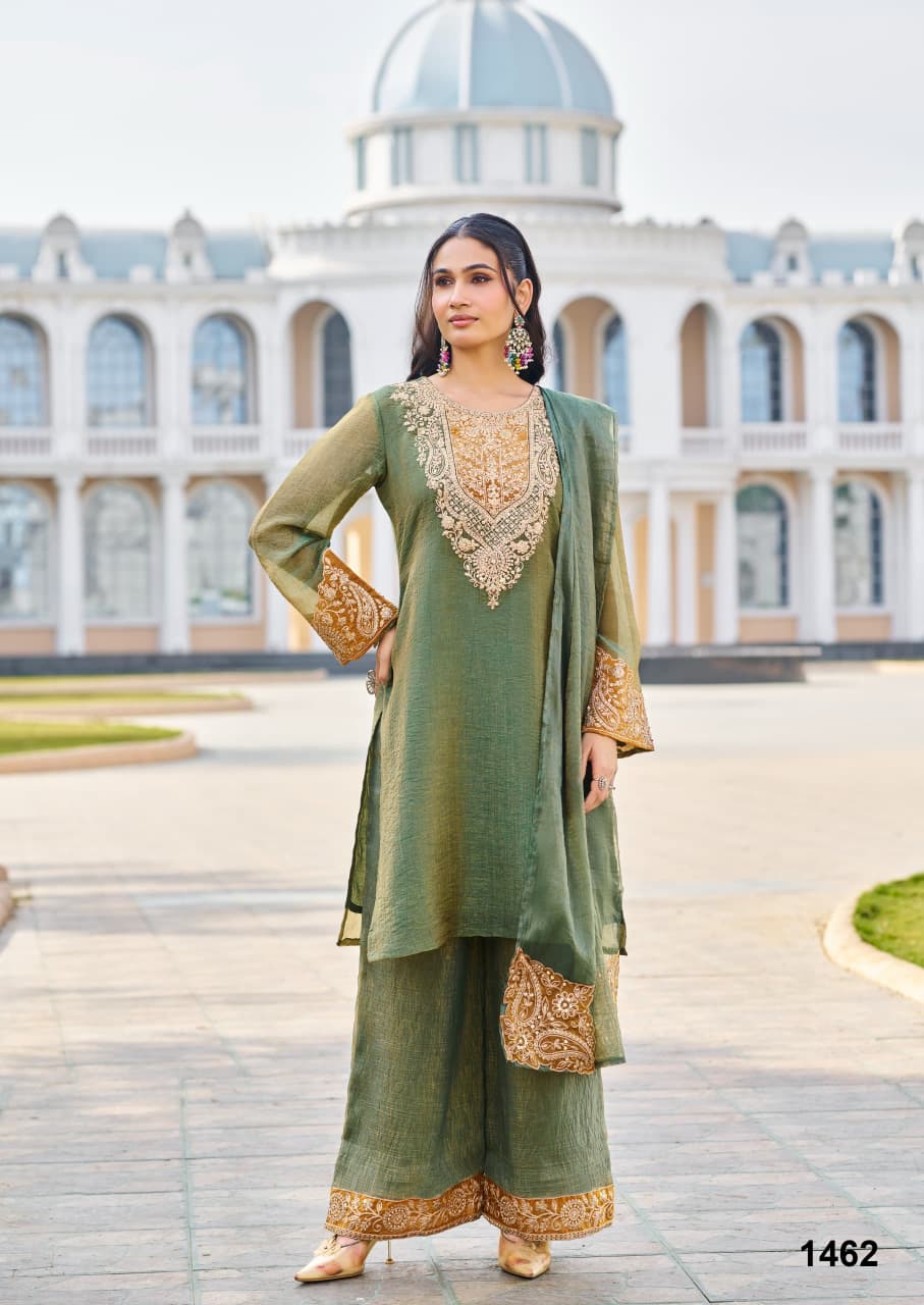 Hasrat – Designer Green Shimmer Kurta Palazzo Suit Set with Embroidery