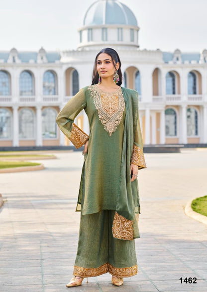 Hasrat – Designer Green Shimmer Kurta Palazzo Suit Set with Embroidery