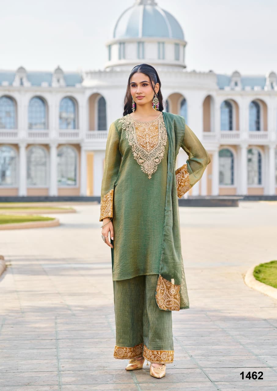 Hasrat – Designer Green Shimmer Kurta Palazzo Suit Set with Embroidery