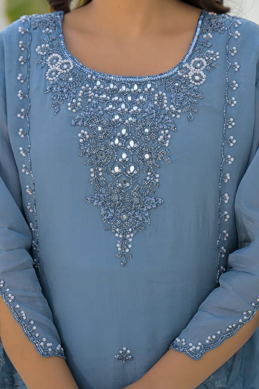 Falak - Designer Sky Blue Shimmer Kurta Pant Set with Dupatta and Handwork