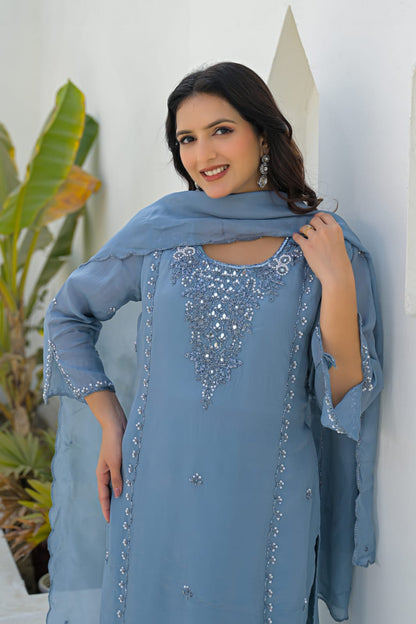 Falak - Designer Sky Blue Shimmer Kurta Pant Set with Dupatta and Handwork