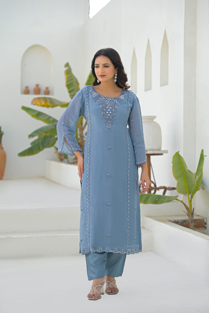 Falak - Designer Sky Blue Shimmer Kurta Pant Set with Dupatta and Handwork