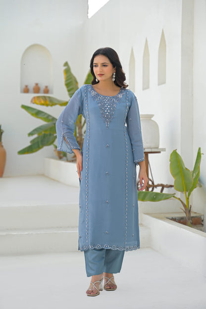 Falak - Designer Sky Blue Shimmer Kurta Pant Set with Dupatta and Handwork