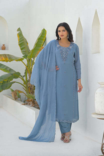 Falak - Designer Sky Blue Shimmer Kurta Pant Set with Dupatta and Handwork