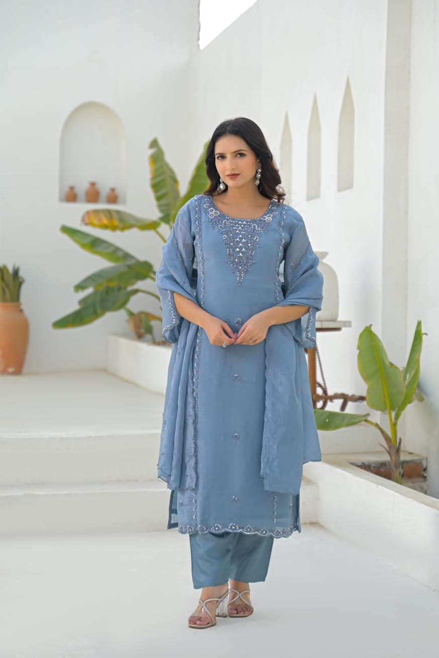Falak - Designer Sky Blue Shimmer Kurta Pant Set with Dupatta and Handwork