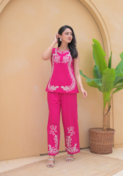 Tahaffuz – Pink Cotton Co-ord Set with Cut-Sleeve Kurta & Embroidered Palazzo