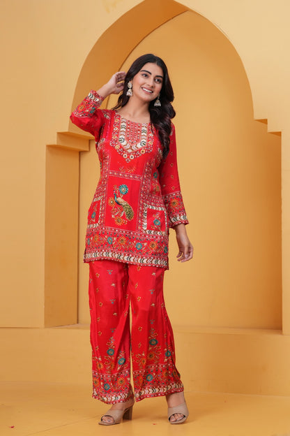 Red Natural Crepe Co-ord Set with Digital Print & Embroidery | Short Kurta Palazzo Set for Women