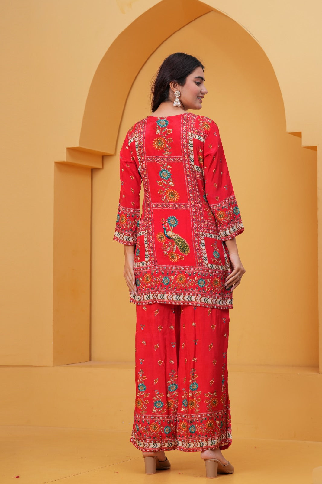 Red Natural Crepe Co-ord Set with Digital Print & Embroidery | Short Kurta Palazzo Set for Women