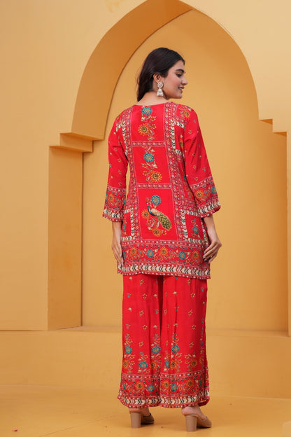 Red Natural Crepe Co-ord Set with Digital Print & Embroidery | Short Kurta Palazzo Set for Women