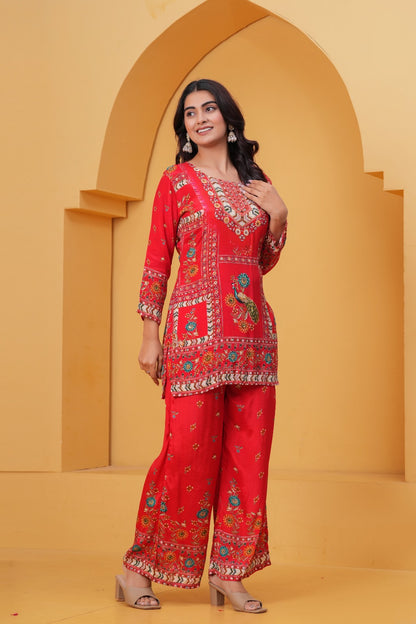 Red Natural Crepe Co-ord Set with Digital Print & Embroidery | Short Kurta Palazzo Set for Women