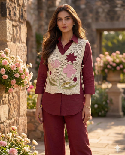 Tarjih – Maroon Designer Cotton Co-ord Set | Office Wear Trending Viral Co-ord Set