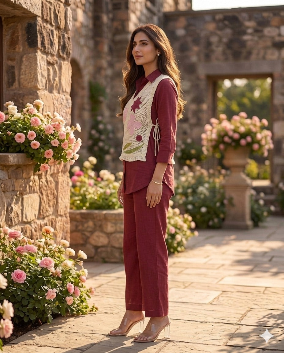 Tarjih – Maroon Designer Cotton Co-ord Set | Office Wear Trending Viral Co-ord Set