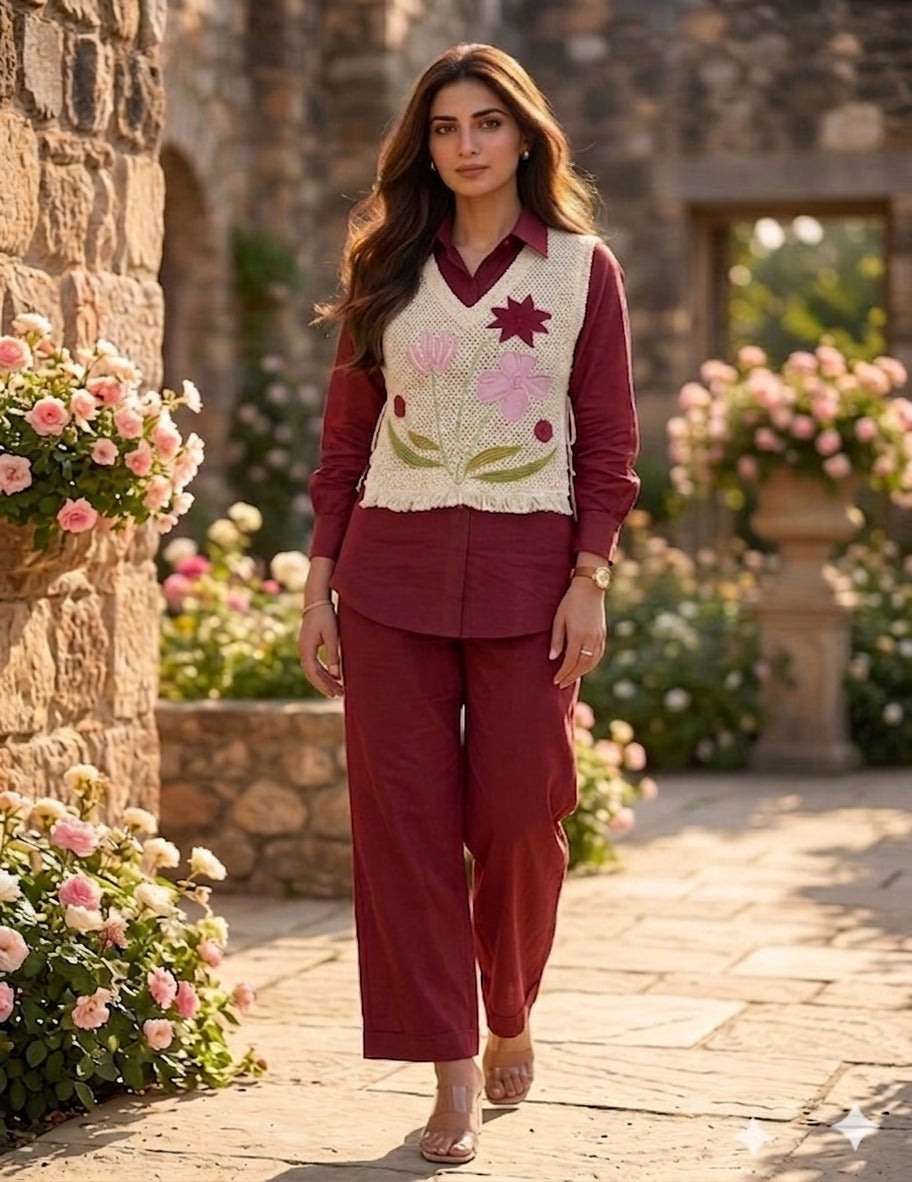 Tarjih – Maroon Designer Cotton Co-ord Set | Office Wear Trending Viral Co-ord Set