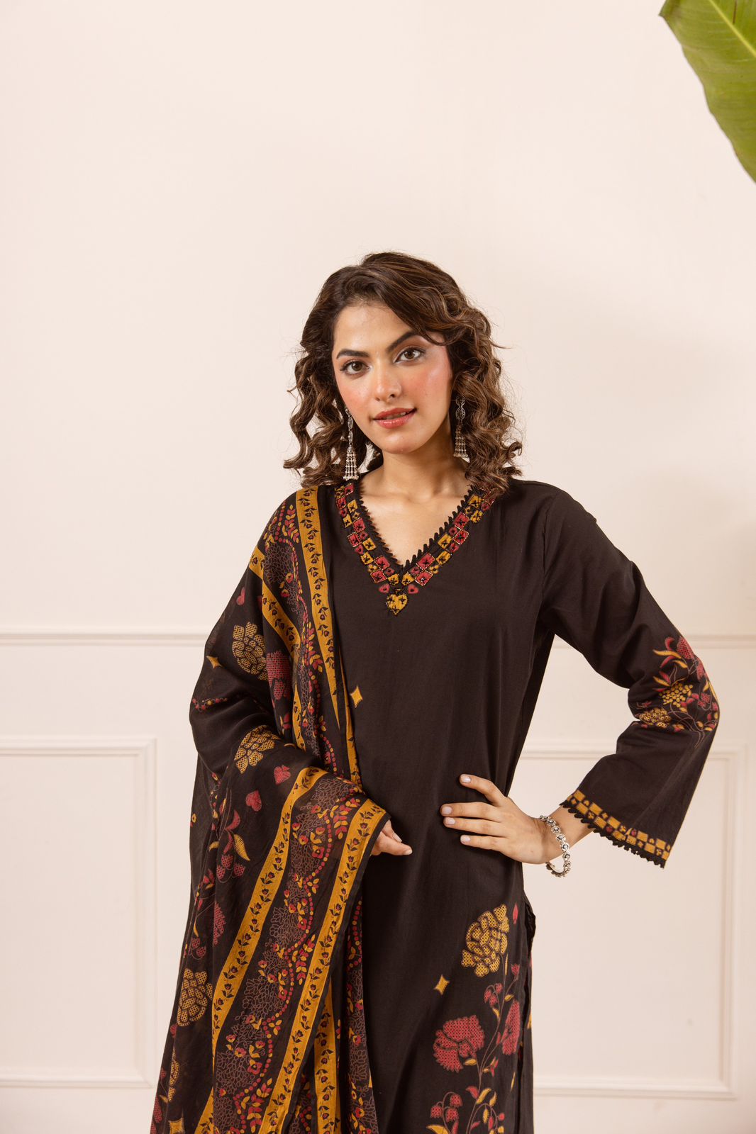 Sar-e-Sham – Black Kashmiri Dupatta Set with Palazzo | Designer Cotton Suit for Women