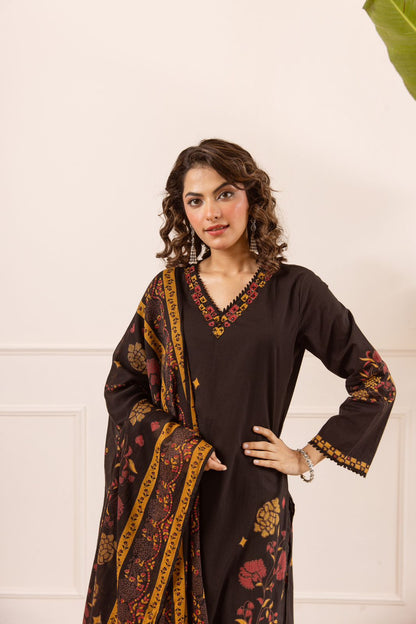 Sar-e-Sham – Black Kashmiri Dupatta Set with Palazzo | Designer Cotton Suit for Women