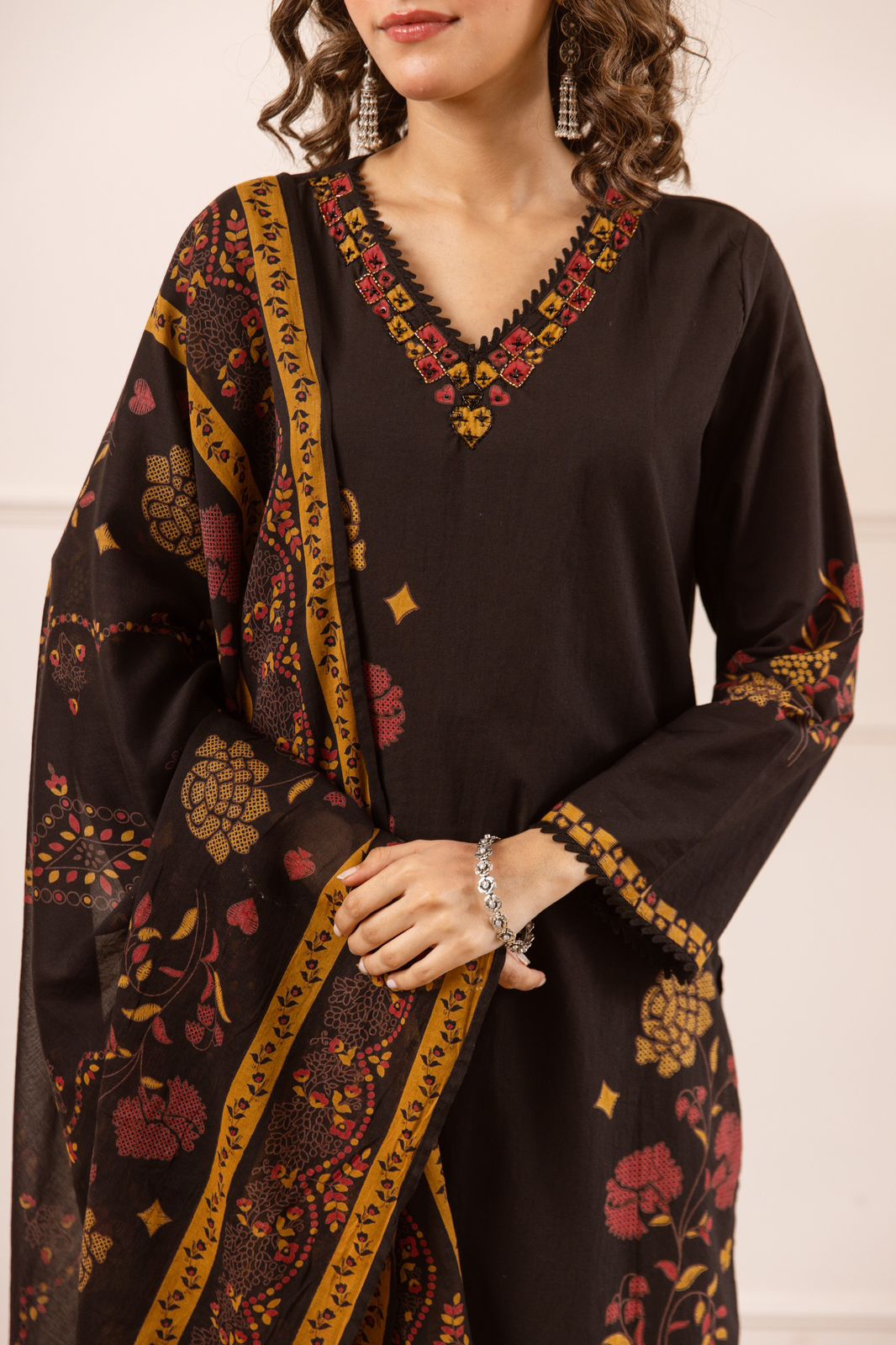 Sar-e-Sham – Black Kashmiri Dupatta Set with Palazzo | Designer Cotton Suit for Women
