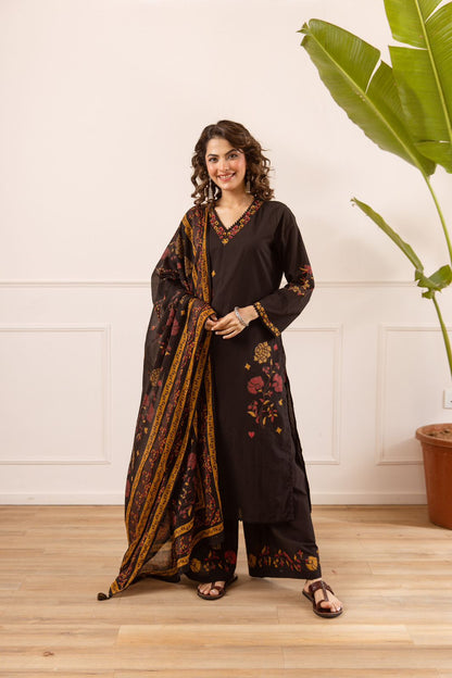 Sar-e-Sham – Black Kashmiri Dupatta Set with Palazzo | Designer Cotton Suit for Women