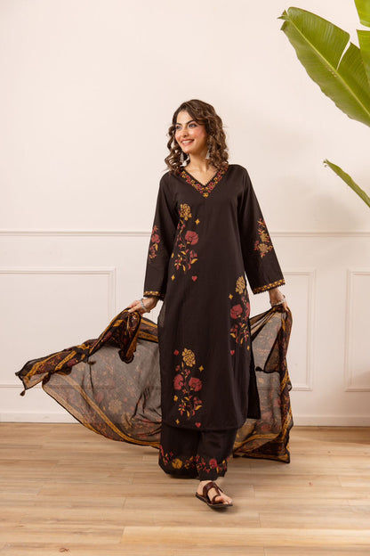 Sar-e-Sham – Black Kashmiri Dupatta Set with Palazzo | Designer Cotton Suit for Women