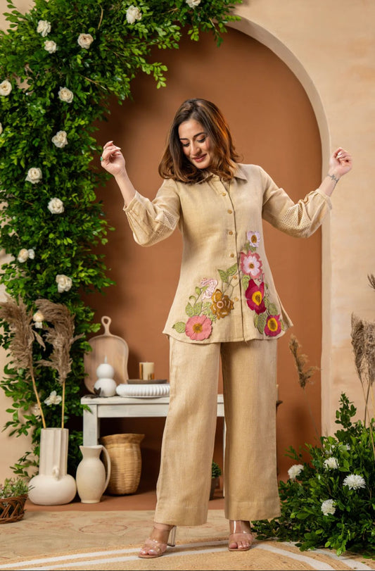 Azal – Beige Cotton Jute Embroidered Co-ord Set | Casual Co-ord Set for Women