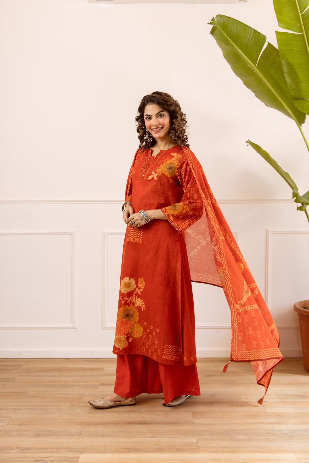 Karwaan - Rust Cotton Dupatta Set with Palazzo | Casual Office Wear Suit for Women in India