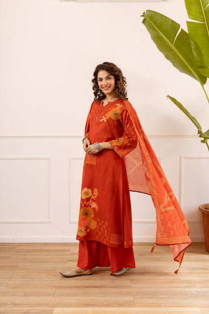 Karwaan - Rust Cotton Dupatta Set with Palazzo | Casual Office Wear Suit for Women in India