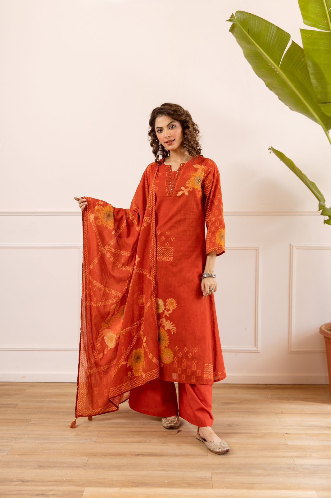 Karwaan - Rust Cotton Dupatta Set with Palazzo | Casual Office Wear Suit for Women in India