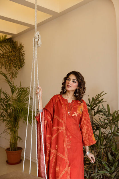 Karwaan - Rust Cotton Dupatta Set with Palazzo | Casual Office Wear Suit for Women in India