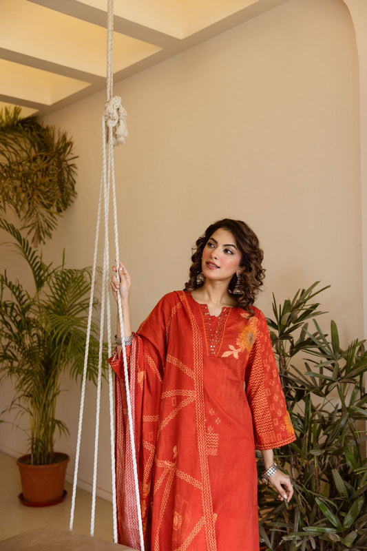 Karwaan - Rust Cotton Dupatta Set with Palazzo | Casual Office Wear Suit for Women in India