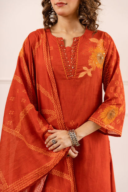 Karwaan - Rust Cotton Dupatta Set with Palazzo | Casual Office Wear Suit for Women in India