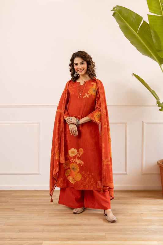 Karwaan - Rust Cotton Dupatta Set with Palazzo | Casual Office Wear Suit for Women in India