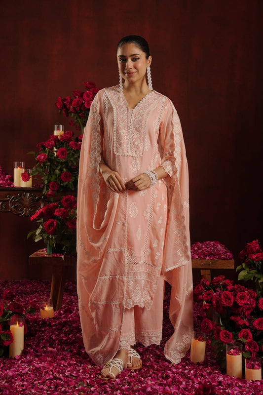 Aarzu – Blush Peach Cotton Chikankari Straight Suit Set with Dupatta | Karwa Chauth & Wedding Function Ethnic Wear for Women