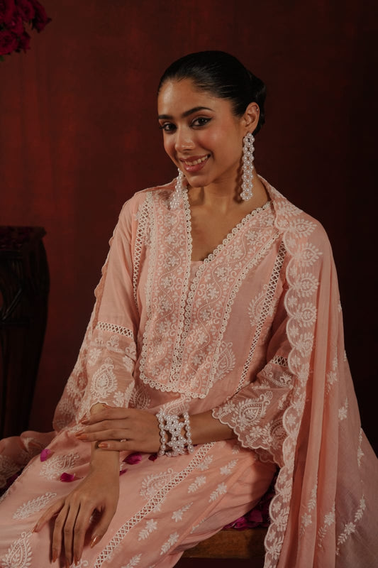 Aarzu – Blush Peach Cotton Chikankari Straight Suit Set with Dupatta | Karwa Chauth & Wedding Function Ethnic Wear for Women