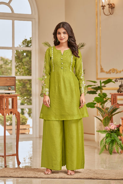 Chaaragar– Mehandi Designer Co-ord Set for Women | With Palazzo and Designer Sleeves