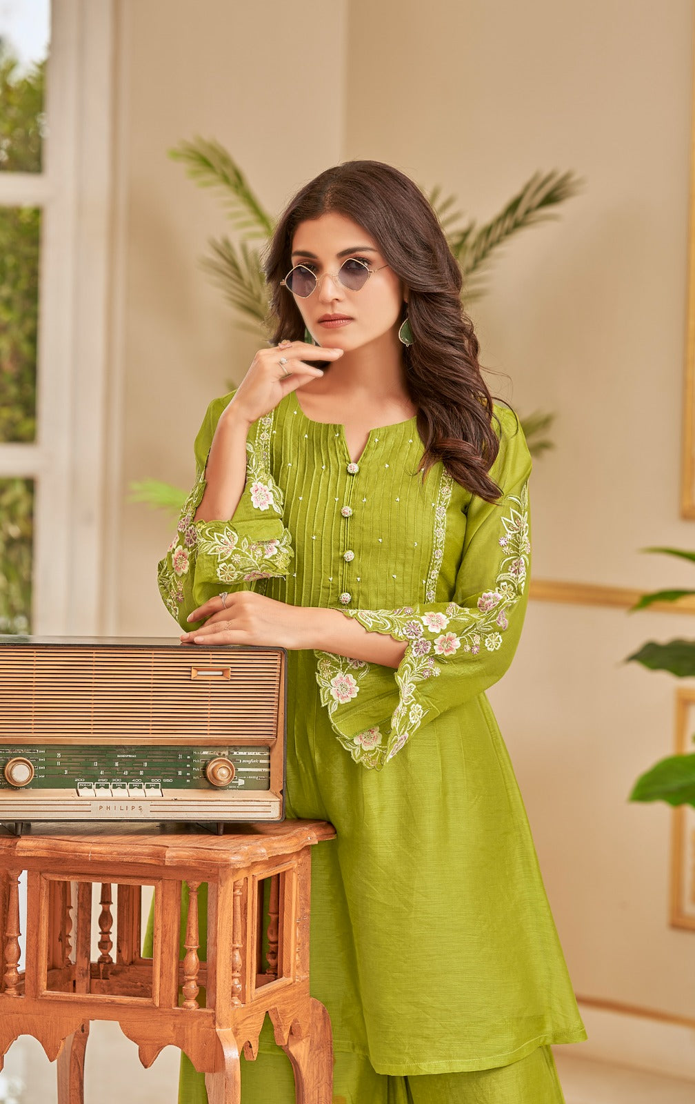 Chaaragar– Mehandi Designer Co-ord Set for Women | With Palazzo and Designer Sleeves