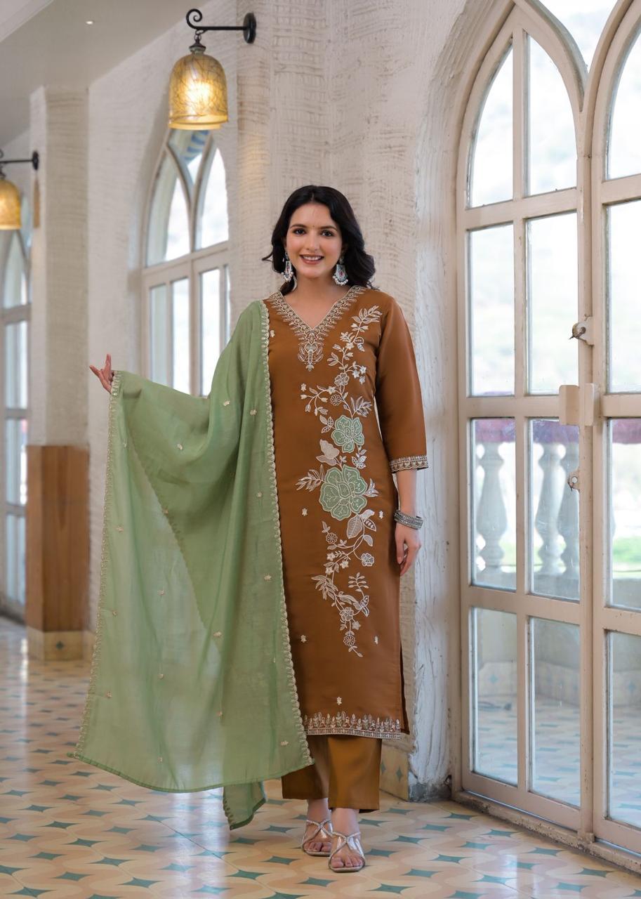 Khayal-e-Yaar – Brown Floral Thread-Embroidered Straight Suit Set with Mint Contrast Dupatta | Festive & Wedding Ethnic Wear for Women