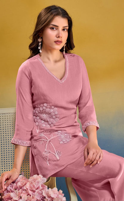 Saadgi – Grey / Blush Pink Mul Chanderi Embroidered Co-ord Set | Office & Festive Wear for Women