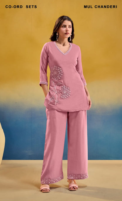 Saadgi – Grey / Blush Pink Mul Chanderi Embroidered Co-ord Set | Office & Festive Wear for Women