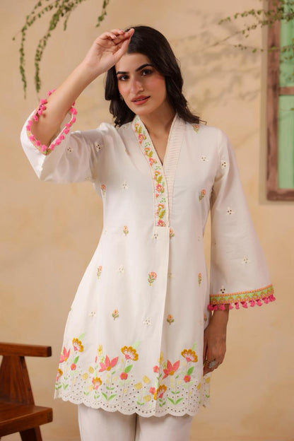 Nikhaar  – White Cotton Coord Set with Multicolour Floral Embroidery & Pink Tassel Trim | Casual Festive & Eid Ethnic Wear for Women