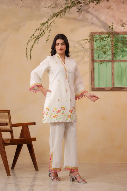 Nikhaar  – White Cotton Coord Set with Multicolour Floral Embroidery & Pink Tassel Trim | Casual Festive & Eid Ethnic Wear for Women
