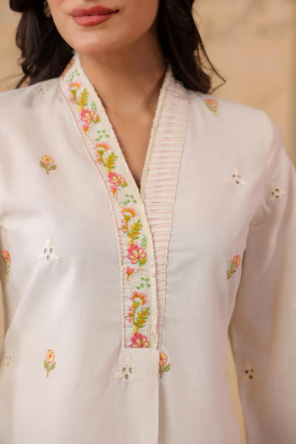 Nikhaar  – White Cotton Coord Set with Multicolour Floral Embroidery & Pink Tassel Trim | Casual Festive & Eid Ethnic Wear for Women
